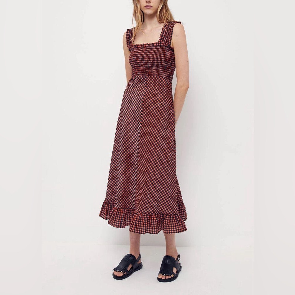 NWT GANNI Orange and Black Seersucker Check Long Dress 38 EU | 6 US | M